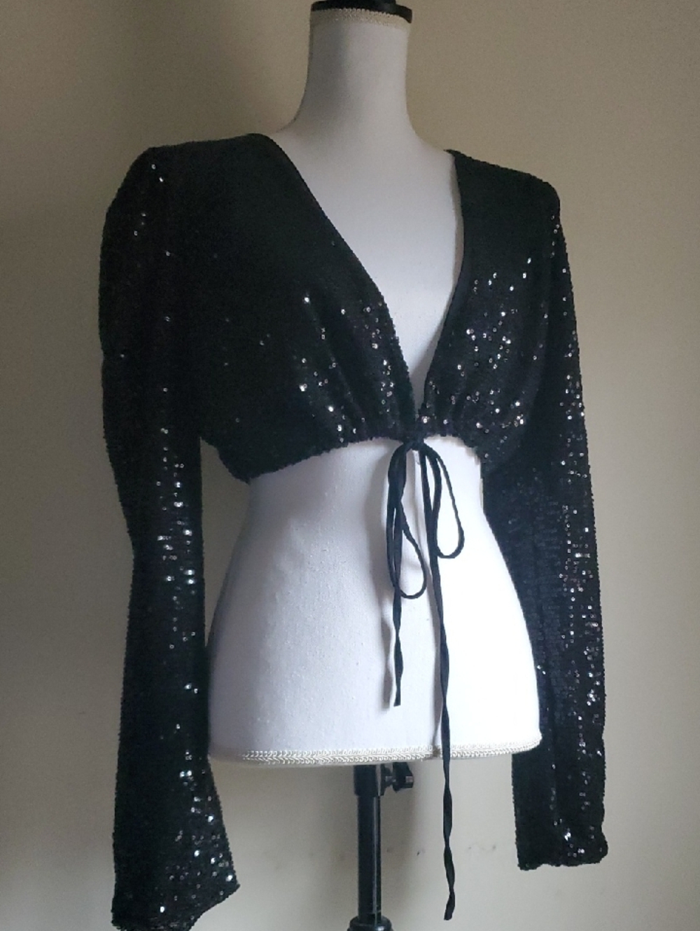 Christina Costa Black Sequin Tie-Front Crop Top